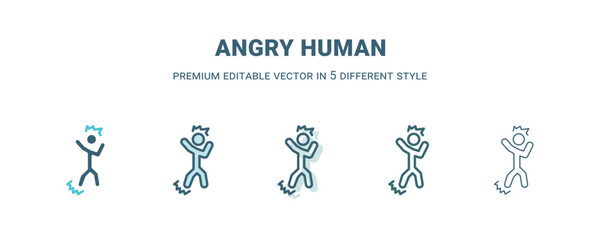 angry human icon in 5 different style. Outline, filled, two color, thin angry human icon isolated on white background. Editable vector can be used web and mobile