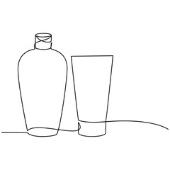 Vector one line continuous drawing. Cream tube and bottle set. Outline illustration. Hand drawn linear silhouette icon. Medical, cosmetic, skin care product, balm, body lotion, shampoo, shower gel.