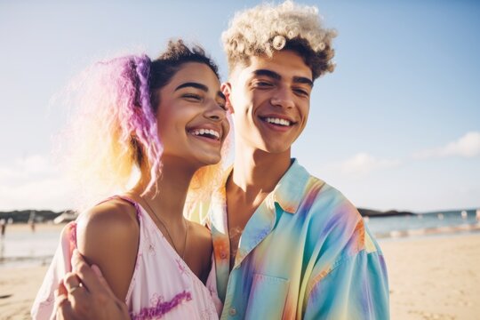 Young couple in love, beautiful happy people at a party on the beach, on the sea shore enjoying and laughing with music on the hot sand on a sunny day. Generative AI.