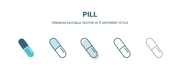 pill icon in 5 different style. Outline, filled, two color, thin pill icon isolated on white background. Editable vector can be used web and mobile