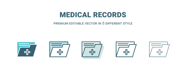 medical records icon in 5 different style. Outline, filled, two color, thin medical records icon isolated on white background. Editable vector can be used web and mobile