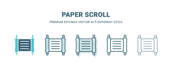 paper scroll icon in 5 different style. Outline, filled, two color, thin paper scroll icon isolated on white background. Editable vector can be used web and mobile