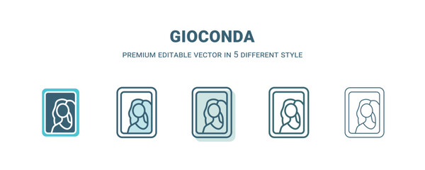 gioconda icon in 5 different style. Outline, filled, two color, thin gioconda icon isolated on white background. Editable vector can be used web and mobile