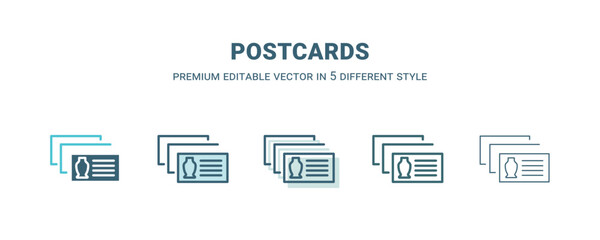postcards icon in 5 different style. Outline, filled, two color, thin postcards icon isolated on white background. Editable vector can be used web and mobile