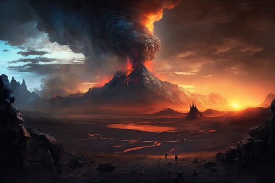mordor landscape with distant view of fiery volcano, with smoke billowing into the sky, created with generative ai