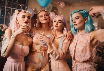 Young beautiful cheerful girls enjoy a crazy Summer house party in hipster trendy costumes. Teenagers who are having fun and dance with loud music. Generative AI. - obrazy, fototapety, plakaty