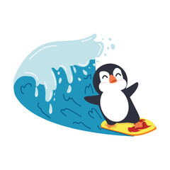 Cute penguin surfing big wave cartoon