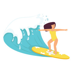 Cute girl surfing big wave cartoon