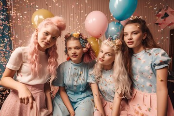 Young beautiful cheerful girls enjoy a crazy Summer house party in hipster trendy costumes. Teenagers who are having fun and dance with loud music. Generative AI.
