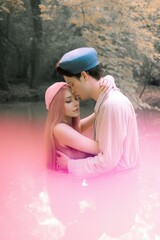 Young beautiful couple in love hugging in the shallows of the lake. Gentle pastel colors. Generative AI.
