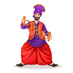 A Bhangra dancer performing with the Bhangra Scissor Saap. Wearing ethnic Punjabi cloth. Sikh Punjabi man dancing folk dance bhangra on occasion like Lohri or Baisakhi. - obrazy, fototapety, plakaty