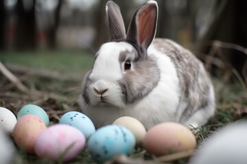 Charming Rabbit Surrounded by Easter Eggs in a Floral Field