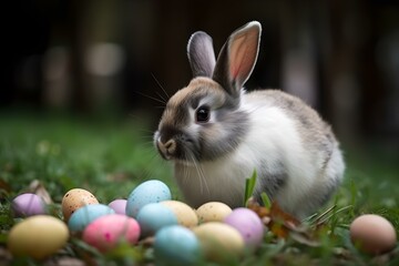 Charming Rabbit Surrounded by Easter Eggs in a Floral Field