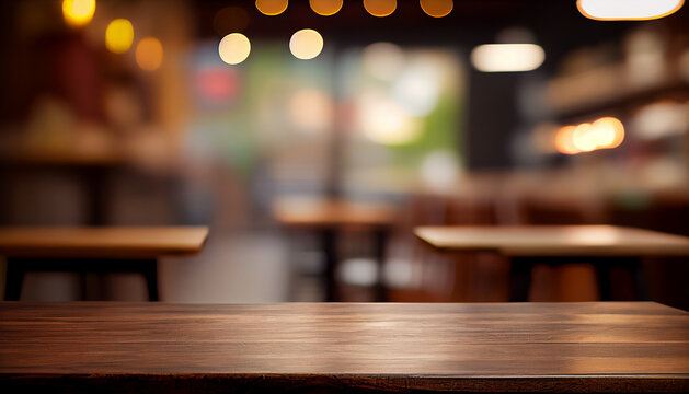 Empty wood table top on blur bakery shop or cafe restaurant with abstract bokeh background