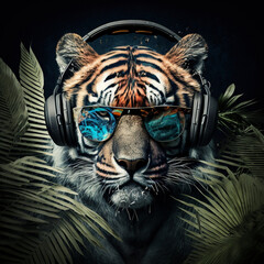 Tiger with sunglasses and music headphones. Generative AI.