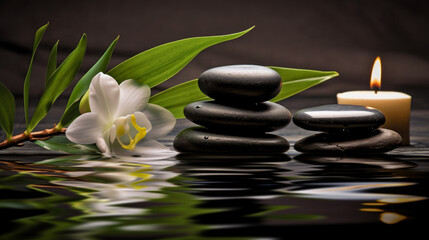 Serene Zen garden with bamboo and smooth stones on water. Generative AI