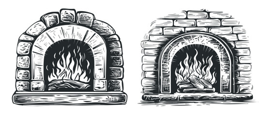 Warm fire in the stone fireplace. Firewood burns in a brick oven in sketch style. Engraved vector illustration