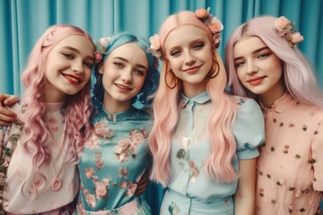 Fototapeta premium Young beautiful cheerful girls enjoy a crazy Summer house party in hipster trendy costumes. Teenagers who are having fun and dance with loud music. Generative AI.