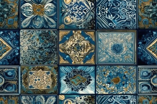 decorative wall covered in blue and gold tiles with intricate designs. Generative AI
