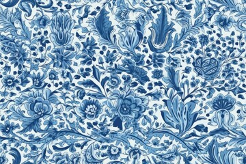 blue and white floral wallpaper with leaf accents. Generative AI