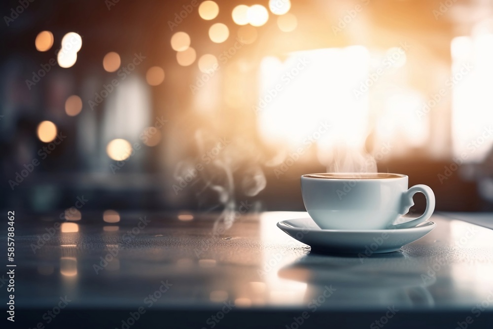 Canvas Prints Closeup of white Coffee Cup on Cafe Table with Blurred Background