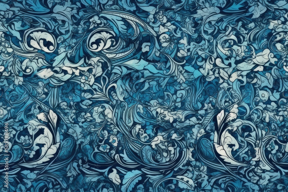Poster decorative blue and white background with swirling motifs and leaf patterns. generative ai