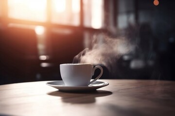 Fototapeta premium Closeup of white Coffee Cup on Cafe Table with Blurred Background