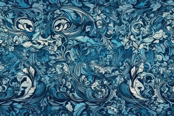 decorative blue and white background with swirling motifs and leaf patterns. Generative AI
