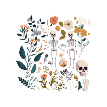 Skeleton and Botanical, Bones, Flowers, Made by Generative AI