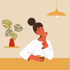 The girl sits in a cafe at the table and drinks coffee, the image is in a flat style.