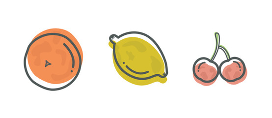 A set of fruit icons on a white background. Fruits: oranges, lemons and cherries designed with doodle cartoon abstract shapes. Line drawing style. Vector illustration.