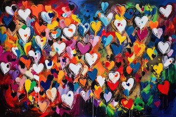 Abstract canvas bursts with multicolored hearts. Generative AI
