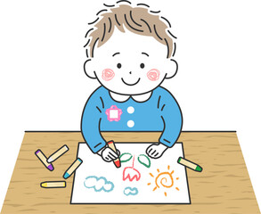クレヨンでお絵かきをする、幼稚園児の男の子のイラスト