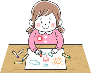 クレヨンでお絵かきをする、幼稚園児の女の子のイラスト