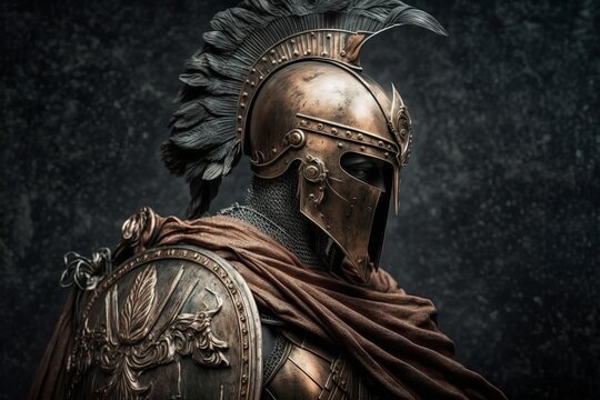 Spartan warrior in armor with shield, antique Greek military soldier. Generative AI