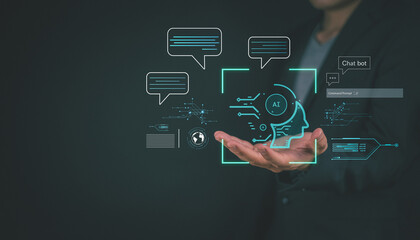 businessmen use chatbots on communication tools. Use the Q&A command To create AI tasks using technology developed by programmers. Smart robots of the future, AI cutting-edge technology