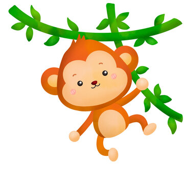 a vector of a cute monkey hanging on a vine in watercolor