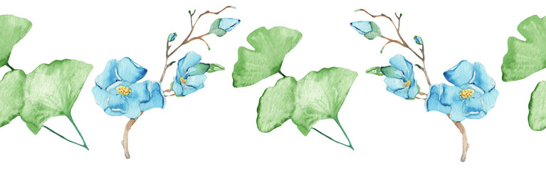 Watercolor frame - illustration with green leaves and flowers elements, for wedding stationery, congratulations, wallpapers and more on white background.