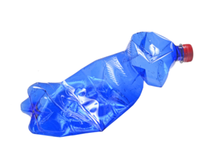 wrinkled plastic bottle isolated on transparent layered background. 