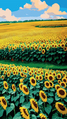 Summer landscape with blooming sunflower