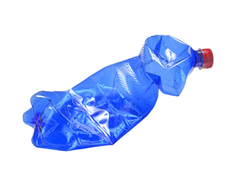 wrinkled plastic bottle isolated on transparent layered background. 