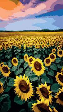 Summer landscape with blooming sunflower