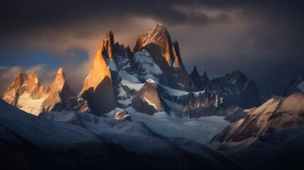 A striking winter mountain landscape, showcasing snow-capped peaks and pristine beauty, created by AI.