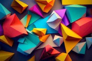 Obraz premium Abstract background, colorful triangles on a purple background. AI generative.