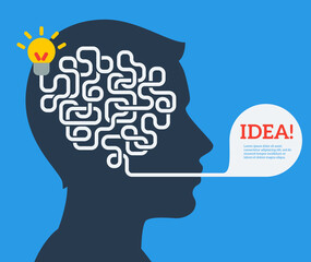 Creative concept of human brain, vector illustration. Flat style. Business Idea Development process poster or banner. Man head with abstract brain inside labyrinth and light bulb.