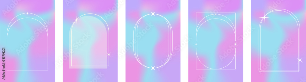 Aufkleber Trendy blurred holographic style A4 posters set with linear geometric shapes cover for stories or post in social media. Modern minimalist print with simple figures and graphic elements. Vector EPS 10