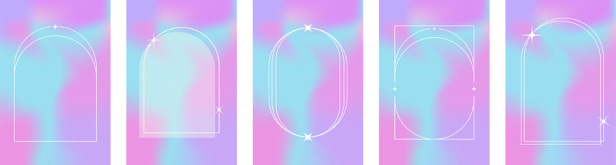 Trendy blurred holographic style A4 posters set with linear geometric shapes cover for stories or post in social media. Modern minimalist print with simple figures and graphic elements. Vector EPS 10