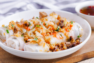 The Extravagant Rice Noodle Roll ready to be served on a white table.