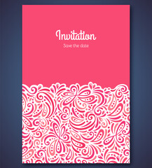 Wedding invitation card template with abstract pattern background. Vector illustration. Great for invitations or announcements. Pink and violet color. Curls doodles and dot shape.