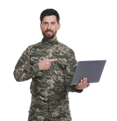 Soldier with laptop on white background. Military service